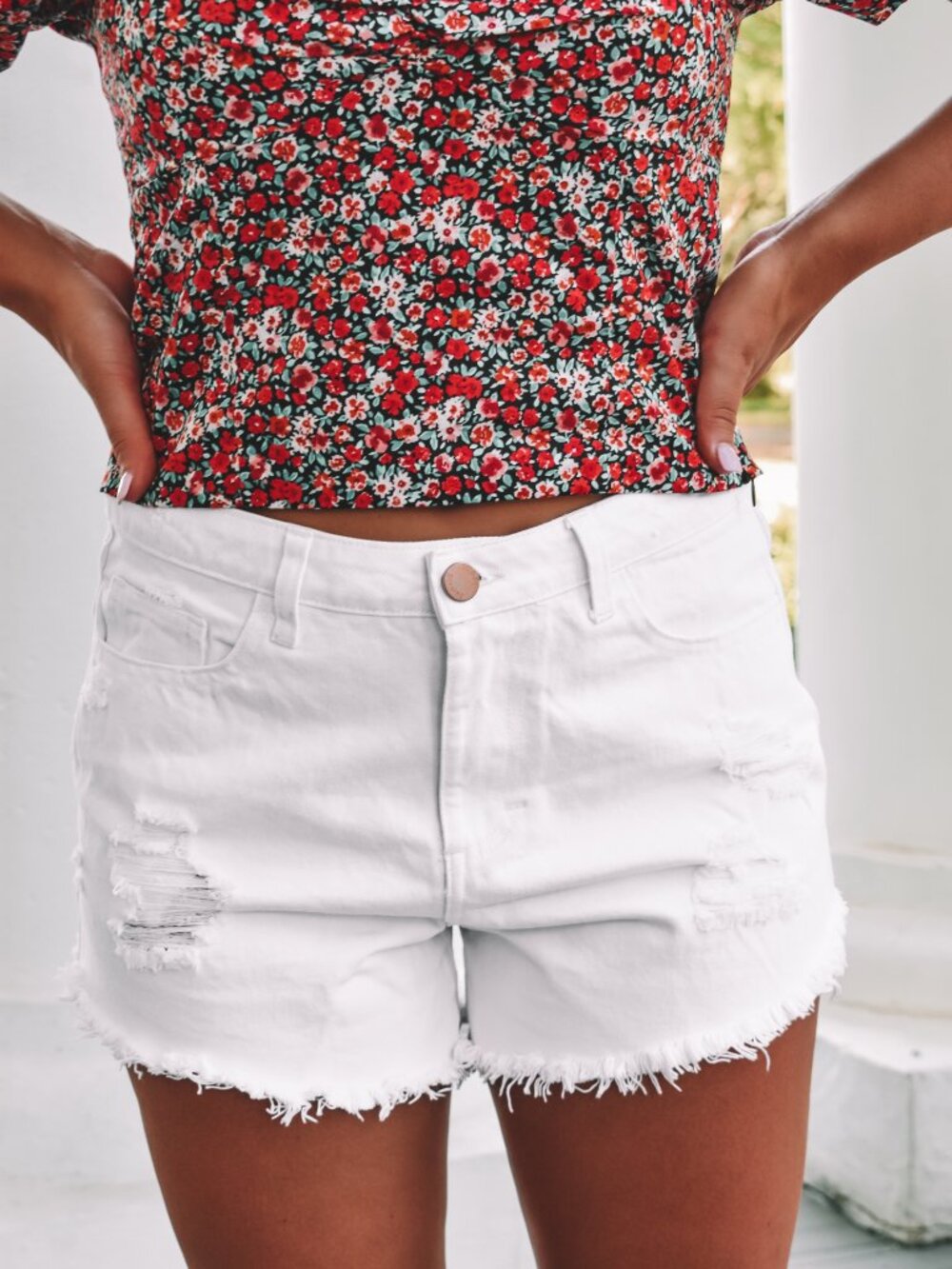 White Distressed Denim Shorts | Frayed Hem Concert Game Day Shorts